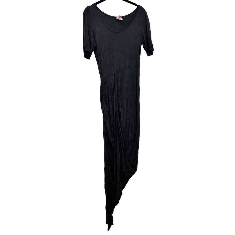 Coco Avante Short Sleeve Jersey Knit Asymmetric Hem Midi Dress Black Large